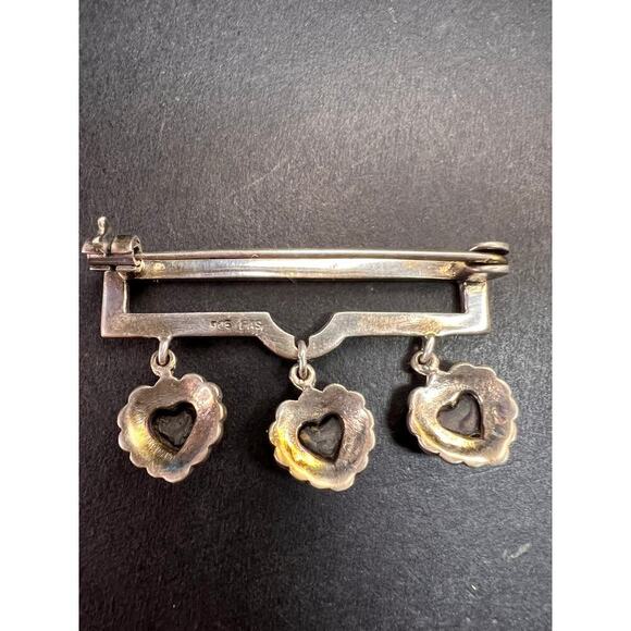 Vintage black onyx hearts and marcasite sterling silver pin brooch - Picture 6 of 11